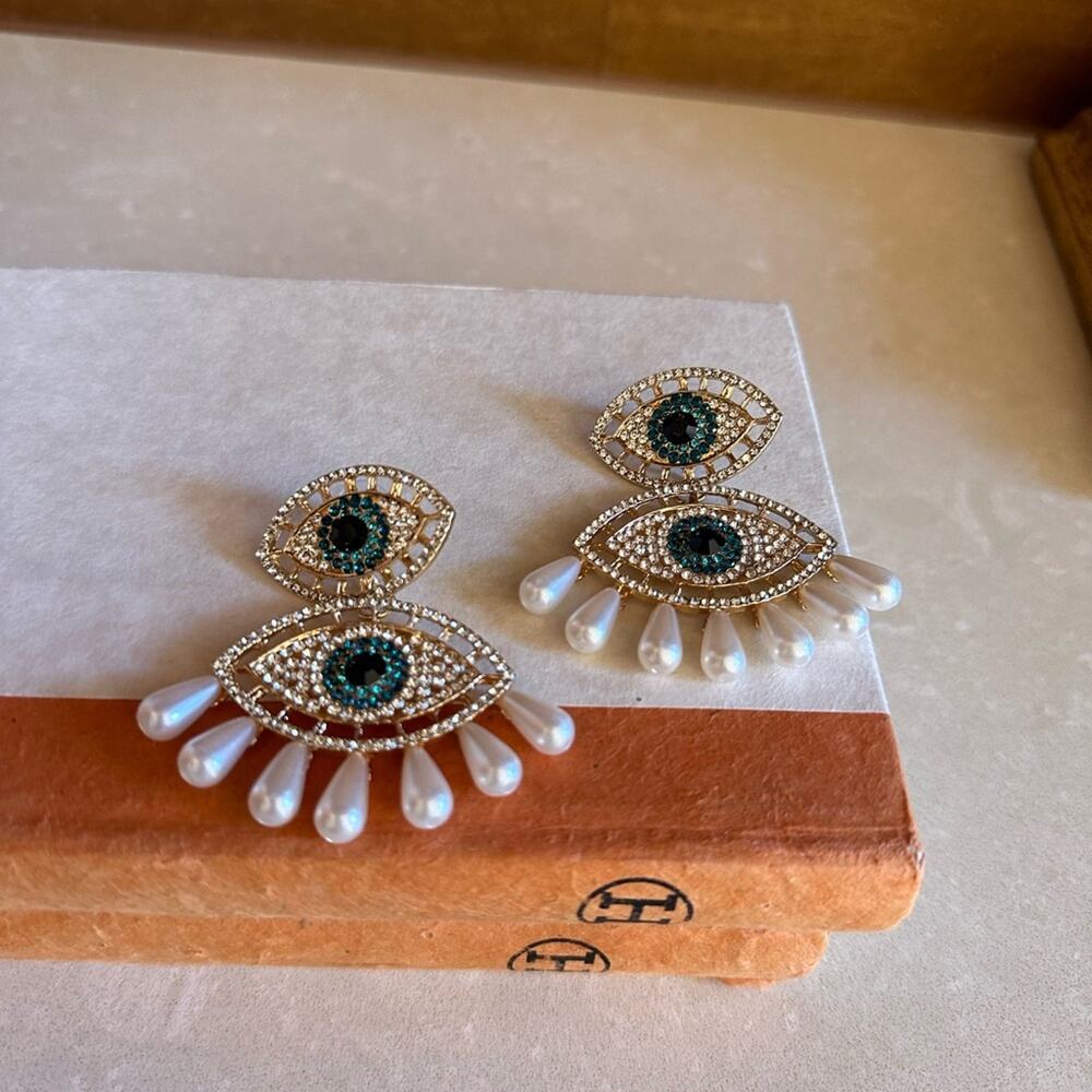 Gold and Pearl Evil Eye Earring- Greek Turkish luxury chic top quality modern